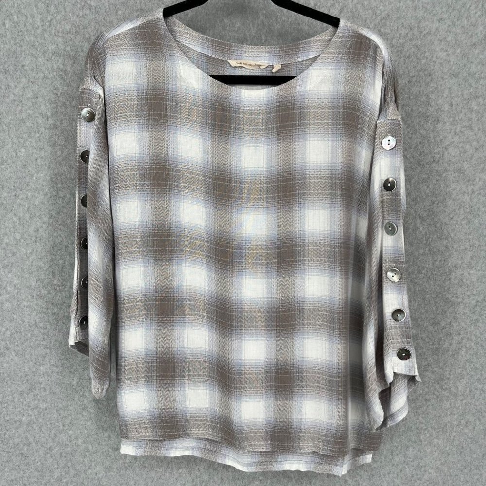 Soft Surroundings Womens Soft Flannel Tunic Top Size S Petite Brown Plaid Button